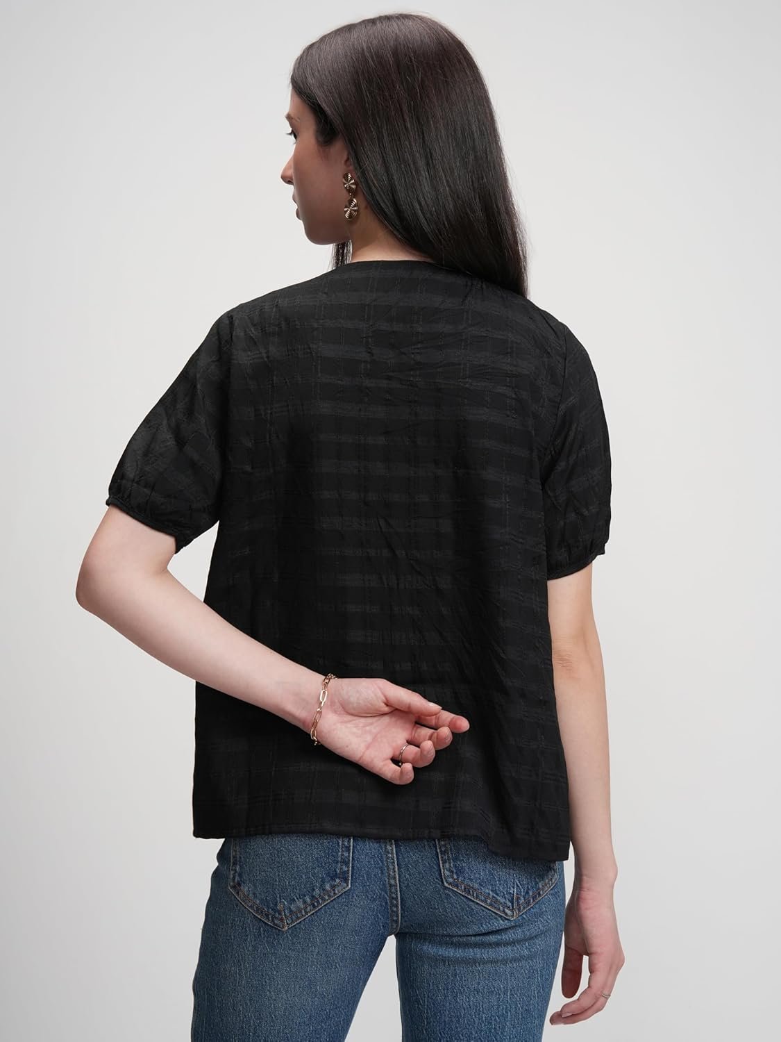 Tokyo Talkies Women's Checked Shirt-Style Top | Square Neck | Short Sleeves | Casual & Chic | Perfect for Day Outings, Brunches & Weekend Wear | Tops for Woman | Women Tops | Stylish Top by Prixsa.com - Image 6