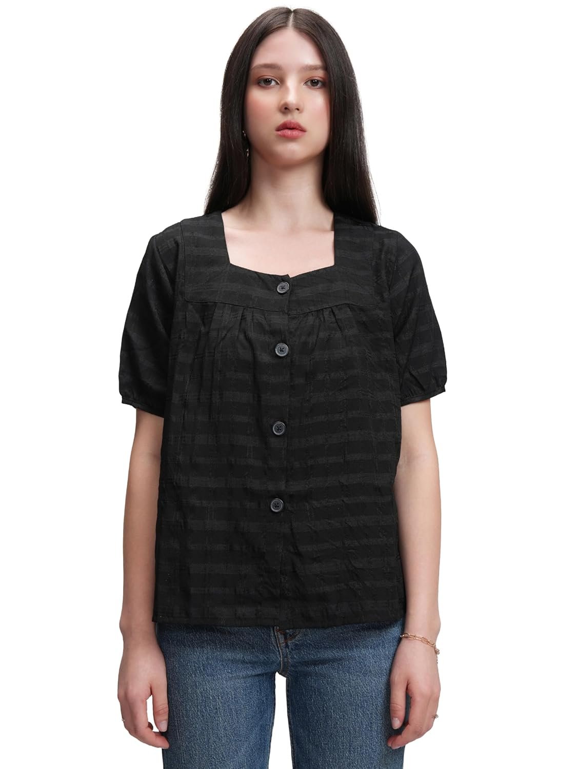 Tokyo Talkies Women's Checked Shirt-Style Top | Square Neck | Short Sleeves | Casual & Chic | Perfect for Day Outings, Brunches & Weekend Wear | Tops for Woman | Women Tops | Stylish Top by Prixsa.com