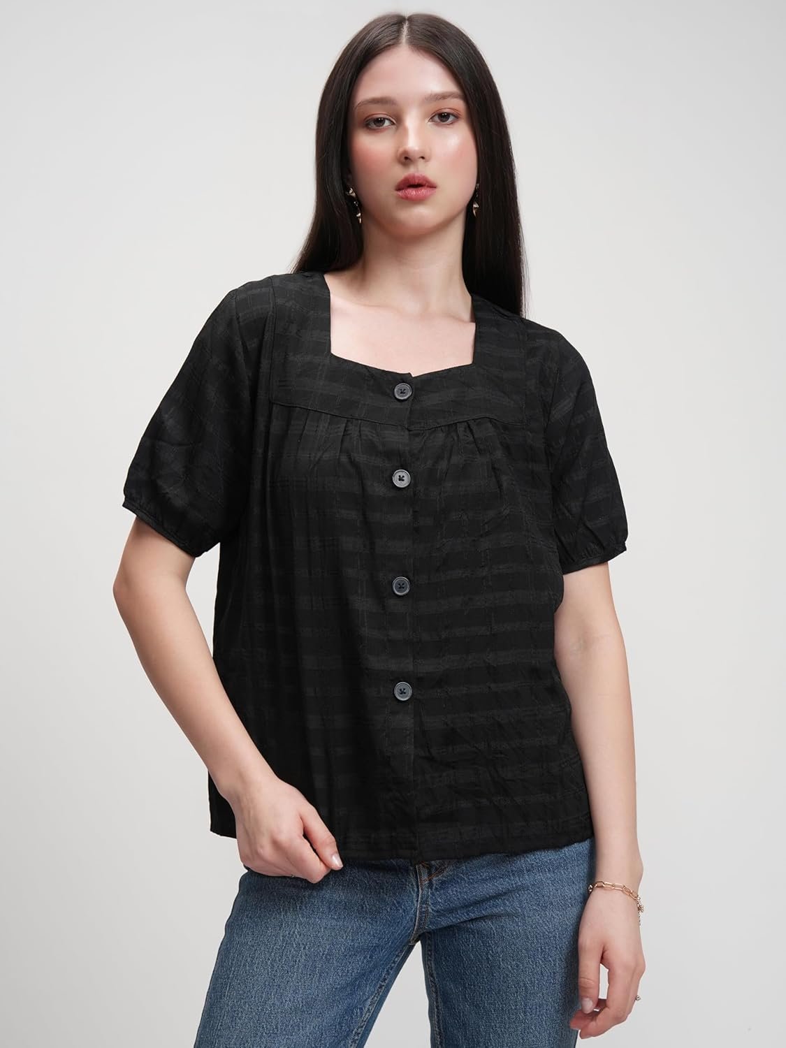 Tokyo Talkies Women's Checked Shirt-Style Top | Square Neck | Short Sleeves | Casual & Chic | Perfect for Day Outings, Brunches & Weekend Wear | Tops for Woman | Women Tops | Stylish Top by Prixsa.com - Image 5