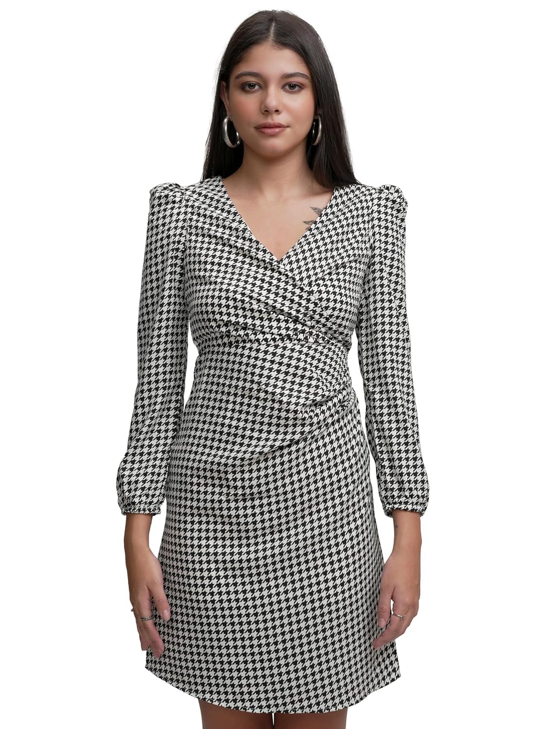 Tokyo Talkies Women's Dresses for Women | Herringbone Print | Wrap Style | Knee-Length | Bishop Sleeves | Elegant & Trendy by Prixsa.com