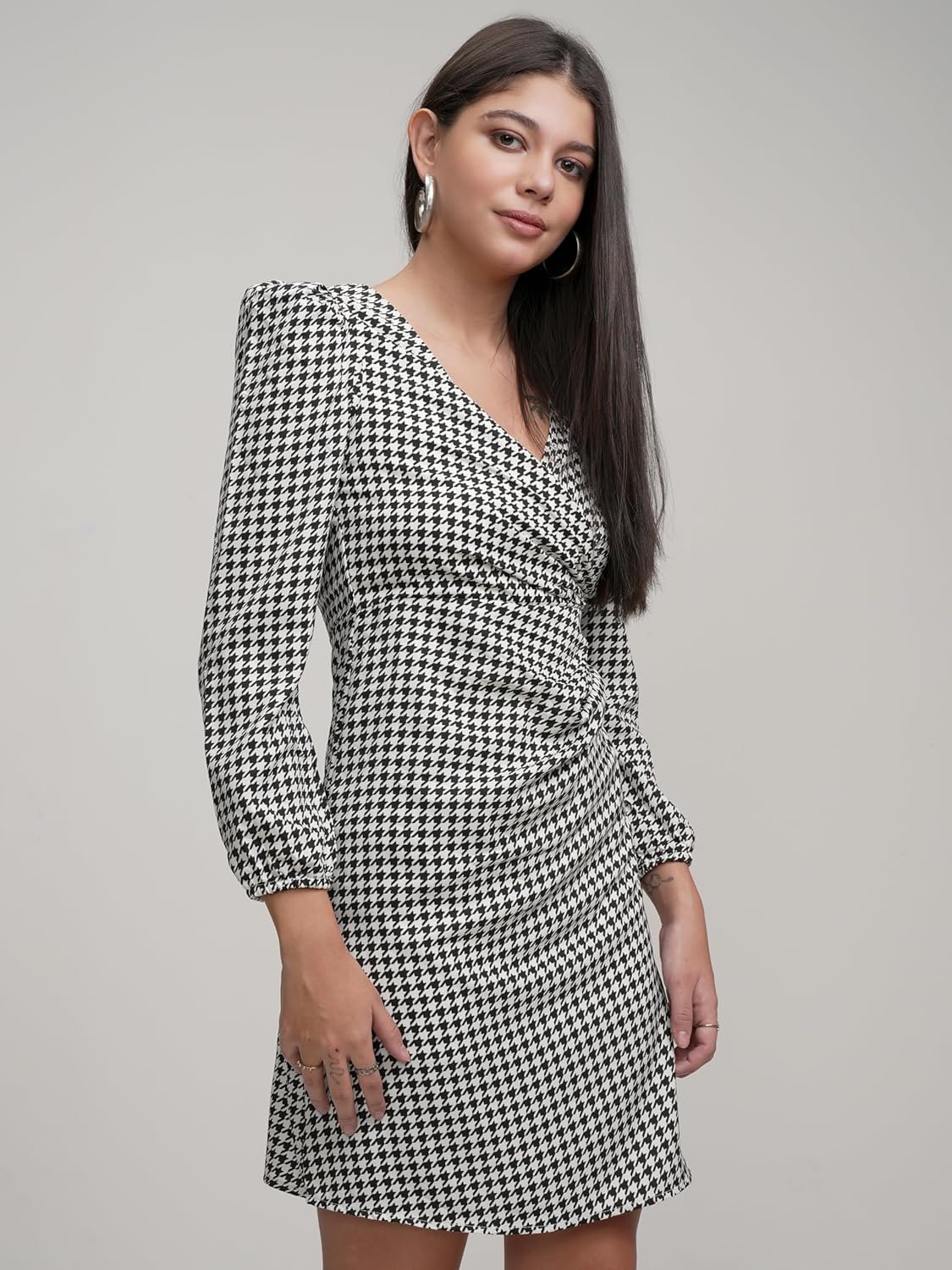 Tokyo Talkies Women's Dresses for Women | Herringbone Print | Wrap Style | Knee-Length | Bishop Sleeves | Elegant & Trendy by Prixsa.com - Image 4