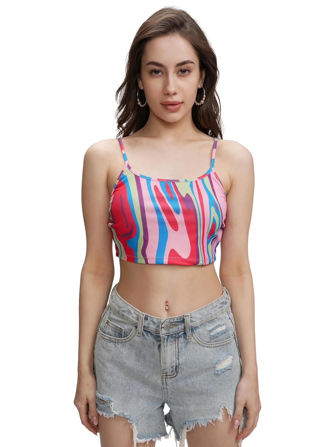 Tokyo Talkies Women's Graphic Print Fitted Crop Top | Shoulder Straps | Chic & Versatile Cut Out | Perfect for Casual & Layered Looks | Tops for Woman | Women Tops | Women Crop Top by Prixsa.com