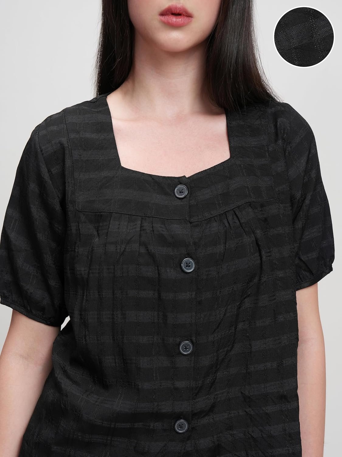 Tokyo Talkies Women's Checked Shirt-Style Top | Square Neck | Short Sleeves | Casual & Chic | Perfect for Day Outings, Brunches & Weekend Wear | Tops for Woman | Women Tops | Stylish Top by Prixsa.com - Image 8