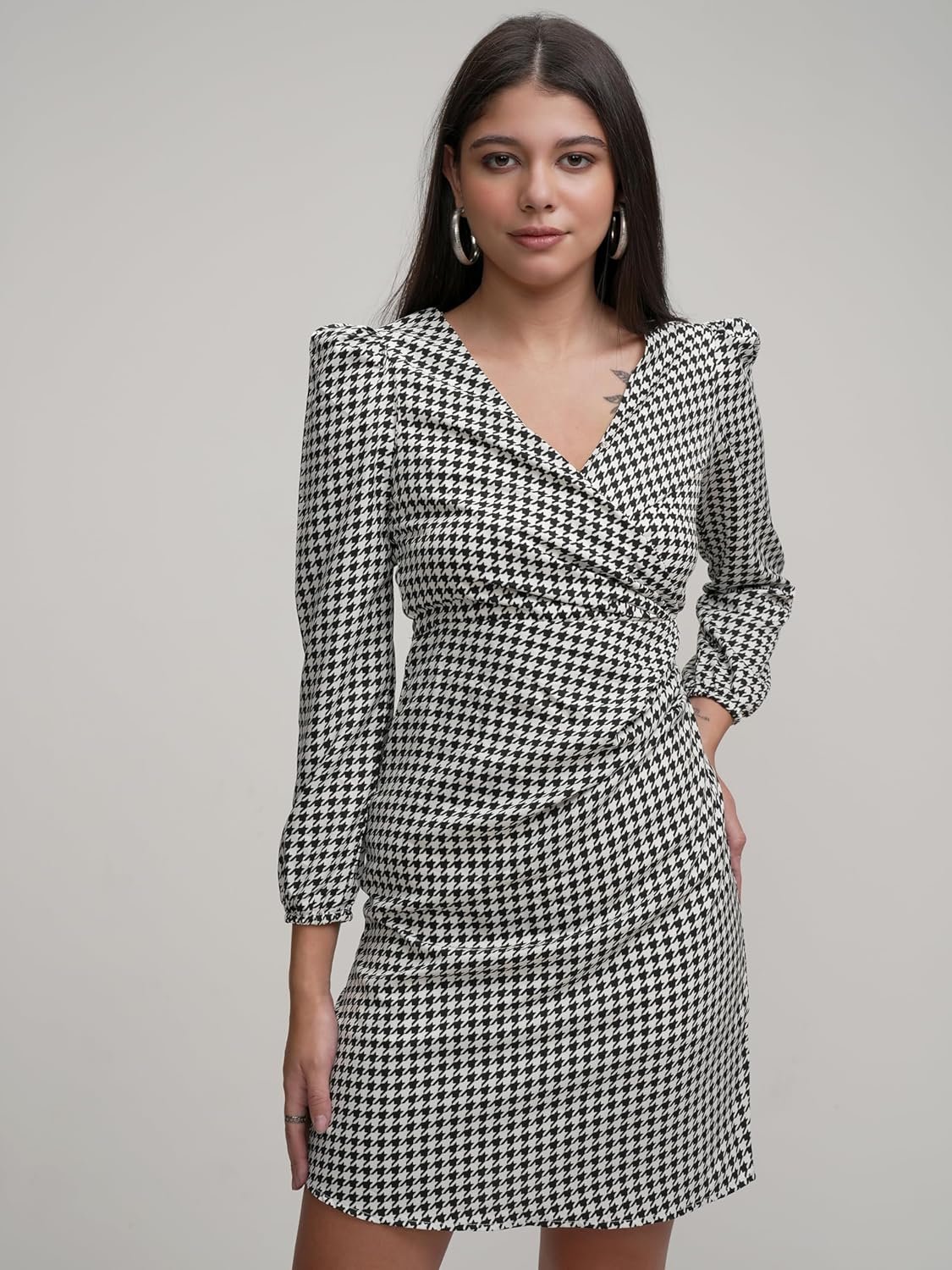 Tokyo Talkies Women's Dresses for Women | Herringbone Print | Wrap Style | Knee-Length | Bishop Sleeves | Elegant & Trendy by Prixsa.com - Image 5