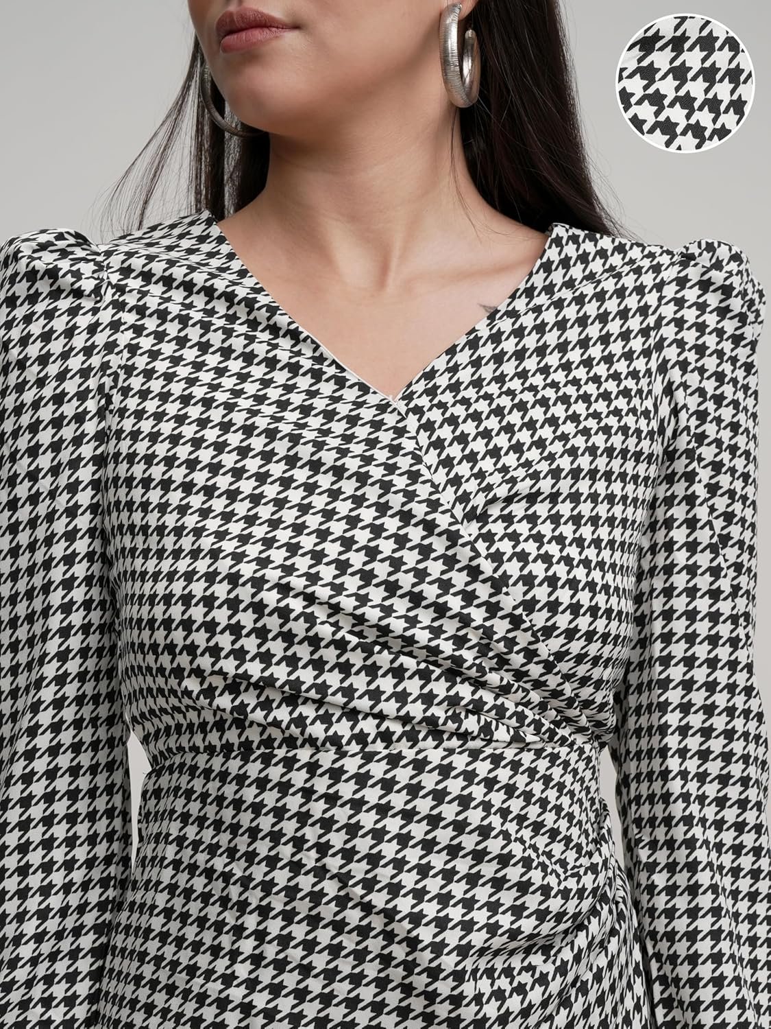 Tokyo Talkies Women's Dresses for Women | Herringbone Print | Wrap Style | Knee-Length | Bishop Sleeves | Elegant & Trendy by Prixsa.com - Image 8